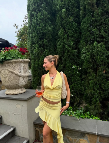 Yellow Two Piece A Line Halter Satin Open Back Short Homecoming Dress Cocktail Dress HZ1023